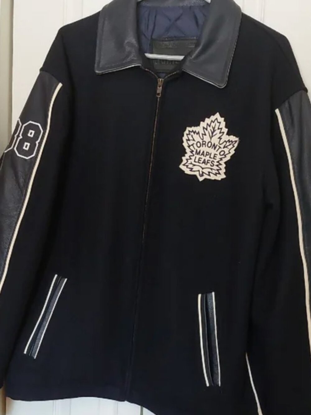 Toronto Maple Leafs Dark Navy Wool & Leather Jacket #88